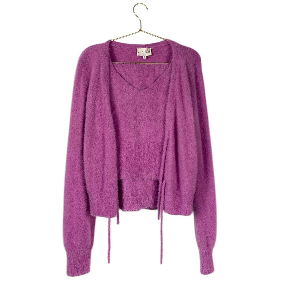 Freshman 1996 Pink Fuzzy Tank Top Skirt Cardigan Set  Bandage Sweater Knit M 574
